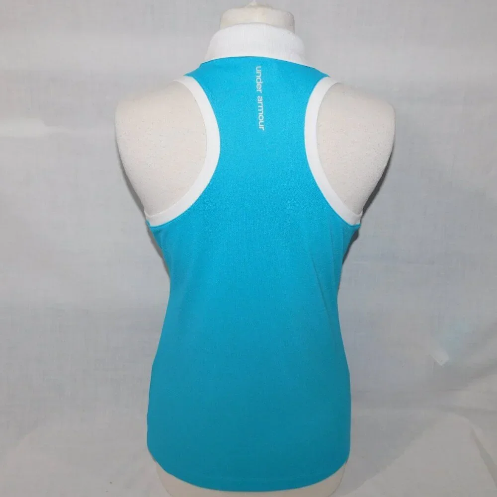 Under Armour heatgear Womens M Blue White Fitted Sleeveless Golf Polo Shirt - Picture 6 of 8
